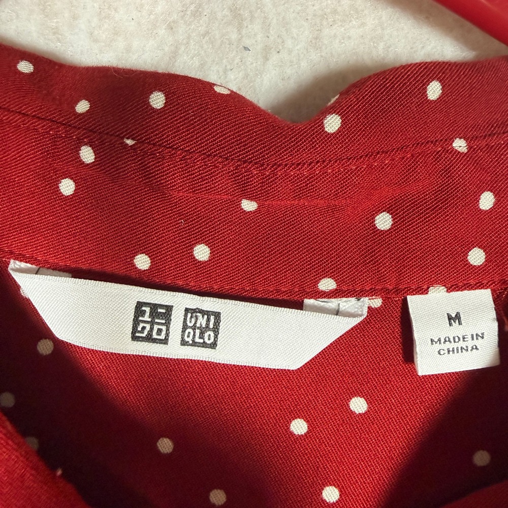 Uniqlo Womens Red Polka Dot Long Sleeve Button Front Belted Shirt Dress Size M - Picture 3 of 6